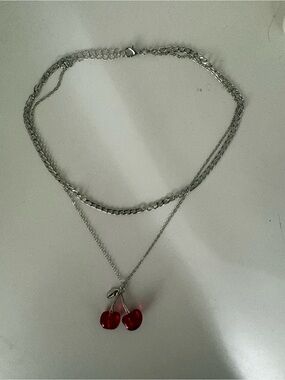 Silver Layered Necklace with Red Cherry Pendant